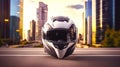An image featuring a motorbike helmet surrounded by an urban cityscape , emphasizing the helmet\'s compatibility with urban