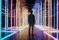 Contemplative Figure Amidst a Vibrant Neon Light Installation Corridor