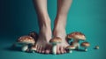 image with female bare legs, feet with mushrooms between fingers. health care. foot fungus. AI generative