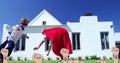 Image of female fists over flower and mom playing with son Royalty Free Stock Photo