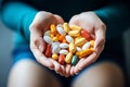 Image of female hands full of colorful pills.