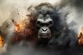 Image of ferocious eerie angry gorilla and there is smoke and fire, Wildlife Animals., Generative AI, Illustration