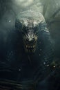 Image of ferocious eerie angry king cobra in the forest with a scary atmosphere, Birds, Wildlife Animals., Generative AI,