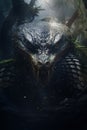 Image of ferocious eerie angry king cobra in the forest with a scary atmosphere, Birds, Wildlife Animals., Generative AI,