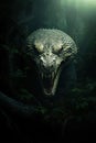 Image of ferocious eerie angry king cobra in the forest with a scary atmosphere, Birds, Wildlife Animals., Generative AI,