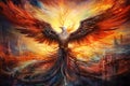 Image of ferocious eerie angry phoenix is flying burning, Bird, Mythical creatures., Generative AI, Illustration