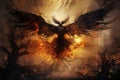 Image of ferocious eerie angry phoenix is flying burning, Bird, Mythical creatures., Generative AI, Illustration