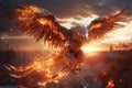 Image of ferocious eerie angry phoenix is flying burning, Bird, Mythical creatures., Generative AI, Illustration