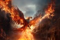 Image of ferocious eerie angry phoenix is flying burning, Bird, Mythical creatures., Generative AI, Illustration