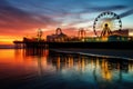 An image of a ferris wheel placed on top of a sandy beach next to the vast expanse of the ocean., Santa Monica Pier at sunset, AI