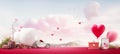 Image of the festival of love, pink balloons and hearts, white antique car