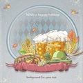 Image festive Oktoberfest Background for your text with glasses of beer, a bagel, a cap, hops and autumn leaves