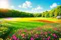 Field of colorful flowers that are beautiful in sunshine day, select focus. made with Generative AI