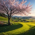 Field waves with blossoming trees in the spring, South Moravia, Czech Republic made with Generative AI