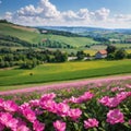 Field waves with blossoming trees in the spring, South Moravia, Czech Republic made with Generative AI