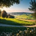 Field waves with blossoming trees in the spring, South Moravia, Czech Republic made with Generative AI