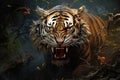 Image of a fierce tiger in the forest with a scary atmosphere, Wildlife Animals Royalty Free Stock Photo