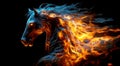 Fiery horse on a black background. AI generated