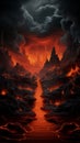 an image of a fiery landscape with lava and water