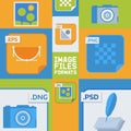 Image files formats banner vector illustration. Document formats such as eps, gif, png, dng, jpg, psd. Camera icon