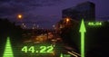 Image of financial data processing with arrows over cityscape Royalty Free Stock Photo