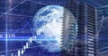 Image of financial data processing and globe over modern building Royalty Free Stock Photo