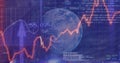 Image of financial data processing with graph and arrows over globe and modern building Royalty Free Stock Photo