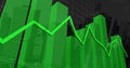 Image of financial data processing with green lines over grid and cityscape Royalty Free Stock Photo