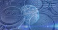 Image of financial data processing over bitcoins and globe