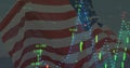 Image of financial data processing over person holding american flag