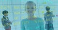 Image of financial data processing over portrait of girl smiling to camera, schoolchildren working i Royalty Free Stock Photo