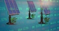 Image of financial data processing over solar panels and plants Royalty Free Stock Photo