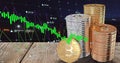 Image of financial data processing over stacks of bitcoins