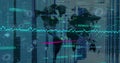 Image of financial data processing over world map against empty computer server room Royalty Free Stock Photo