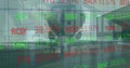 Image of financial data processing over world map and plane