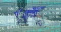 Image of financial data processing over world map and plane