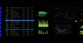 Image of financial data processing with screens over black background Royalty Free Stock Photo