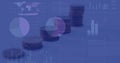 Image of financial data processing and statistics recording over stacks of coins