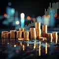 Image Financial growth visualized with coins, LED background, and market trends
