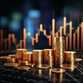 Image Financial growth visualized with coins, LED background, and market trends