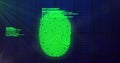 Image of fingerprint scanning with programming language and lens flare over blurred binary codes Royalty Free Stock Photo