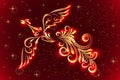 Image of a firebird from ornament elements in red and gold colors
