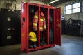 A image of a firemans locker containing a helmet and essential firefighters equipment, Locker in a fire station, housing