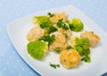 Image of fish balls of tasty white fish served with brokkoli at plate