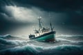 Image of fish cutter on sea and seagulls over dark clouds, created using generative ai technology Royalty Free Stock Photo