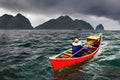 image of the fisherman sailing to catch fish at different weather.