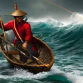 image of the fisherman sailing to catch fish at different weather.