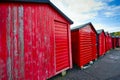 Red Fishermans Huts at Rozel Harbour Royalty Free Stock Photo