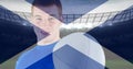 Image of flag of scotland over happy caucasian male rugby player at stadium