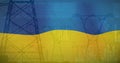 Image of flag of ukraine over field and electricity poles Royalty Free Stock Photo